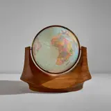 John Nyquist, Unique illuminated floor globe, 1972, Stack-laminated mansonia, Replogle fiberglass globe, brass