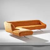 Rare L-shaped sofa with "Tri-Symmetric" legs by Vladimir Kagan, circa 1958, Aluminum, original "Old Gold" chenille upholstery, sold Dec 2021