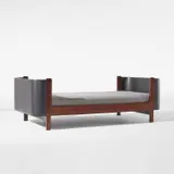 Rare daybed by Franco Albini and Franca Helg, circa 1966, Walnut, walnut-veneered wood, leather, fabric upholstery, sold Dec 2021