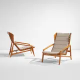 Gio Ponti, Pair of armchairs, model no. 811, circa 1956, Ash, fabric upholstery, elastic webbing, rubber