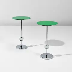 Osvaldo Borsani, Pair of "T1" side tables, 1950s, Reverse-painted glass, chromium-plated metal, chromium-plated steel