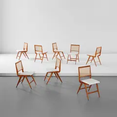 Martin Eisler, Set of eight dining chairs, 1960s, Pau Ferro, cane, leather upholstery