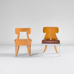 Kanji Ueki, "Dino" and "Dina" chairs, circa 1988, Birch plywood, chromium-plated steel, vinyl upholstery