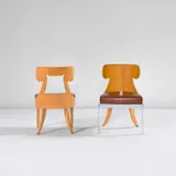 Kanji Ueki, "Dino" and "Dina" chairs, circa 1988, Birch plywood, chromium-plated steel, vinyl upholstery
