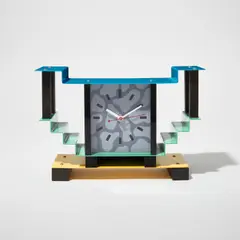 George Sowden, “Schrödinger” table clock, 1983, Painted steel, stained wood, glass