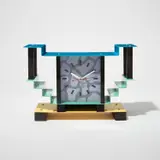George Sowden, “Schrödinger” table clock, 1983, Painted steel, stained wood, glass
