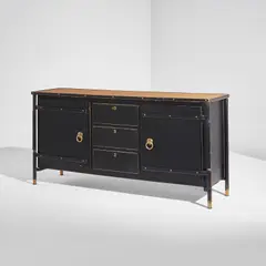 Sideboard by Jacques Adnet, circa 1950, Leather-covered metal, leather, brass, brass-plated metal, elm, sold Jul 2020