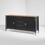 Jacques Adnet, Sideboard, circa 1950, Leather-covered metal, leather, brass, brass-plated metal, elm