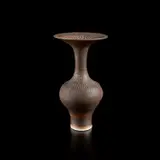 Vase with flaring lip by Lucie Rie, circa 1975, Porcelain, manganese glaze with sgraffito design on shoulder and lip, sold Jul 2020