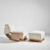 Rudolph Michael Schindler, "Unit" chair and ottoman, from the Van Patten residence, Los Angeles, California, circa 1934, Limed oak plywood, fabric upholstery