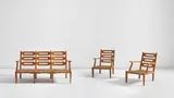 Sofa and pair of armchairs by Gio Ponti and Emilio Lancia, circa 1929, Oak, rush, sold Dec 2020