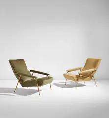Gio Ponti, Pair of "Distex" armchairs, circa 1953, Brass, fabric upholstery