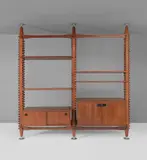 Ico Parisi, "Lerici" modular bookcase, circa 1958, Teak-veneered wood, teak, nickel-plated brass, painted steel, steel