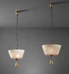 Pair of pendant ceiling lights by Tomaso Buzzi, 1930s, Glass, brass, sold Dec 2020