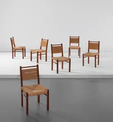 Set of six dining chairs by Giuseppe Terragni, circa 1937, Teak, rush, offered Dec 2020