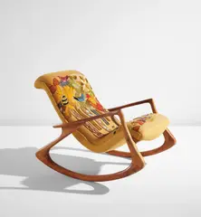 Vladimir Kagan, "Contour" rocking chair, model no. 175F, circa 1955, Walnut, embroidered fabric upholstery