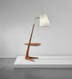 "Cygnet" floor lamp by Vladimir Kagan, circa 1957, Walnut, plastic laminate-covered wood, brass, brass-plated metal, fabric shade, sold Dec 2020