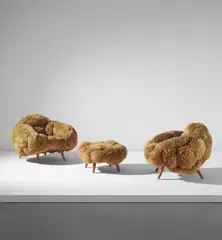 Fernando Campana and Humberto Campana, Pair of "Bolotas" armchairs and ottoman, 2015, Ipe, sheep's wool upholstery