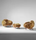 Pair of "Bolotas" armchairs and ottoman by Fernando Campana and Humberto Campana, 2015, Ipe, sheep's wool upholstery, sold Dec 2020