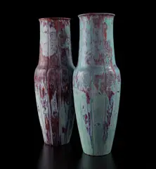 Ernest Chaplet, Pair of monumental vases, circa 1900, Porcelain, flowing deep purple, green, and blue glazes