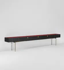 Maxime Old, Console table, circa 1958, Painted wood, leather, bronze, brass