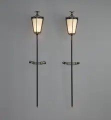 Pair of wall lights by Jacques Adnet, 1940s, Painted steel, painted metal, brass, paper shades, sold Dec 2020