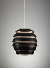 Alvar Aalto, Early and large "Mehiläispesä" (Beehive) ceiling light, model no. A 332, designed for the University of Jyväskylä, Designed 1953, Painted aluminium, perforated brass, painted brass