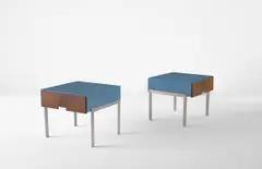 Arne Jacobsen, Pair of nightstands, from the SAS Royal Hotel, Copenhagen, 1958, Wenge-veneered wood, plastic laminate-covered wood, stainless steel