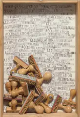 Accumulation by Arman, 1973, Accumulation of rubber stamps and stamped imprints on wove paper in a wooden box with Plexiglas lid, sold Apr 2019