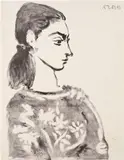 Femme au corsage à fleurs (Woman with Flower Bodice) (Jacqueline Roque) by Pablo Picasso, 1957, Lithograph, on Arches paper, the full sheet, sold Oct 2019