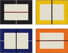 Donald Judd, Untitled, 1993, The complete set of four woodcuts printed in black, orange, yellow and ultramarine blue, on Japanese paper, the full sheets, each with an oil paint stripe on the glass of the original galvanized iron frames