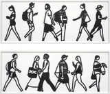 Walking in Melbourne 3; and Walking in Melbourne 6, from Walking in Melbourne series by Julian Opie, 2018, Two laser-cut museum board relief prints, the full sheets, contained in sprayed white frames specified by the artist, sold Oct 2019