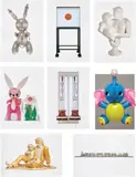 Jeff Koons, Jeff Koons, 1995, The complete set of seven offset lithographs in colors, on coated Biber GS board, with full margins, with hanging mirror-polished stainless steel box and inflatable plastic elephant