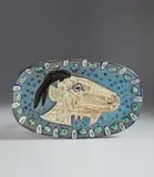 Goat's head in profile (Tête de chèvre de profil) by Pablo Picasso, 1952, White earthenware oblong dish, painted in colors with engobes and partial brushed glaze; ceramic, Madoura edition, sold Oct 2019