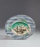 Blue fish (Poisson bleu) by Pablo Picasso, 1953, White earthenware clay plate, with decoration in engobes under partial brushed glaze; ceramic, Madoura edition, sold Oct 2019