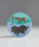Bulls (Toros) by Pablo Picasso, 1952, White earthenware turned plate painted in white enamel, blue, green and black with oxidized paraffin; ceramic, Madoura e, sold Oct 2019