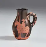 Bullfighter (Picador) by Pablo Picasso, 1952, Red earthenware turned pitcher, painted in black and paraffin decoration; ceramic, Madoura edition, sold Oct 2019