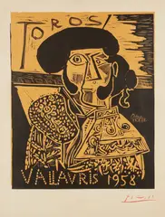 Toros Vallauris by Pablo Picasso, 1958, Linocut in black and orange, on smooth wove paper, with full margins, sold Oct 2019