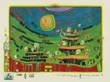 Die Häuser hängen unter den Wiesen (The Houses are hanging underneath the meadows), plate 9 from Look at it on a rainy day by Friedensreich Hundertwasser, 1971, Screenprint with metal imprints in colors, on Schoeller Parole paper, with full margins, sold Oct 2019