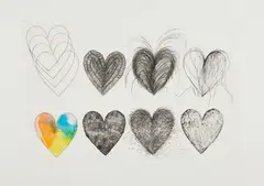 Eight Hearts by Jim Dine, 1969, Etching with hand-coloring, on Chrisbrook handmade paper, with full margins, sold Oct 2019