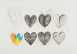 Jim Dine, Eight Hearts, 1969, Etching with hand-coloring, on Chrisbrook handmade paper, with full margins