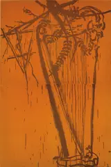 Julian Schnabel, Harp, from the Lola series, 1984, Unique aquatint, on two panels of J.B. Martin Co. Spanish gold velvet, stretched over wood strainer