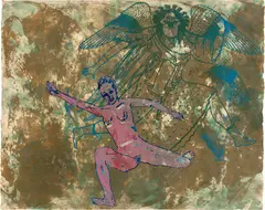 Nancy Spero, Gorgon and Runner, 1995, Unique woodcut and collage with hand-coloring, on wove paper, the full sheet