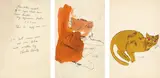 Andy Warhol, 25 Cats Name(d) Sam and One Blue (Pussy) book: two plates and colophon page, 1954, Three lithographs, two with extensive hand-coloring and one colophon page, on laid paper, the sheets trimmed along the left sheet edge