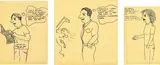 Sean Landers, Cartoon (I've Got a Show Up this Month); Cartoon (I Know It's Art); and Cartoon (Chip), 1992, three ink drawings on yellow legal pad paper