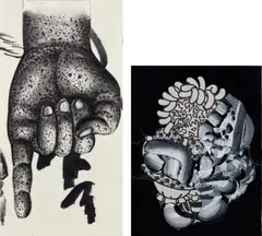Untitled; and Untitled by Tomoo Gokita, 2006, Two drawings with collage, one in black ink and one in white and black acrylic with black ink, on wove paper, sold Oct 2019