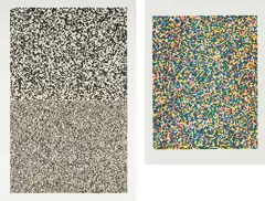 50/50, Zoom In/Zoom Out; and and A Half Times A Half Times A Half (Coarse) by Tauba Auerbach, 2008, Two etchings with aquatint (one in colors), on Somerset paper, with full margins, sold Oct 2019