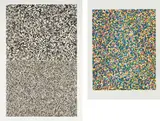 Tauba Auerbach, 50/50, Zoom In/Zoom Out; and and A Half Times A Half Times A Half (Coarse), 2008, Two etchings with aquatint (one in colors), on Somerset paper, with full margins