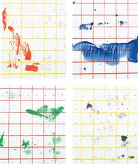 Matt Connors, Gate(s), 2014, Four screenprints with hand-coloring, on wove paper, the full sheets, each with the original accompanying vinyl record Phasing Out/Happy Burnout by Phillip Sollmann, contained in the wove paper record covers