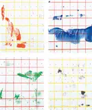 Matt Connors, Gate(s), 2014, Four screenprints with hand-coloring, on wove paper, the full sheets, each with the original accompanying vinyl record Phasing Out/Happy Burnout by Phillip Sollmann, contained in the wove paper record covers